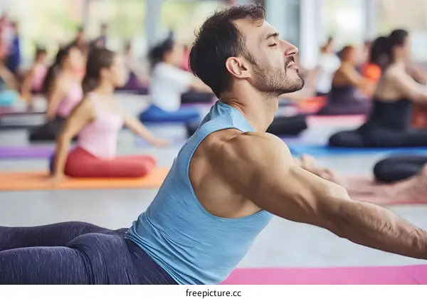 Man in Blue Tank Top Doing Yoga in a Yoga Class