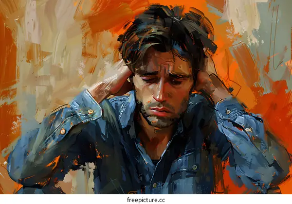 Portrait of a man in blue shirt holding his head in his hands