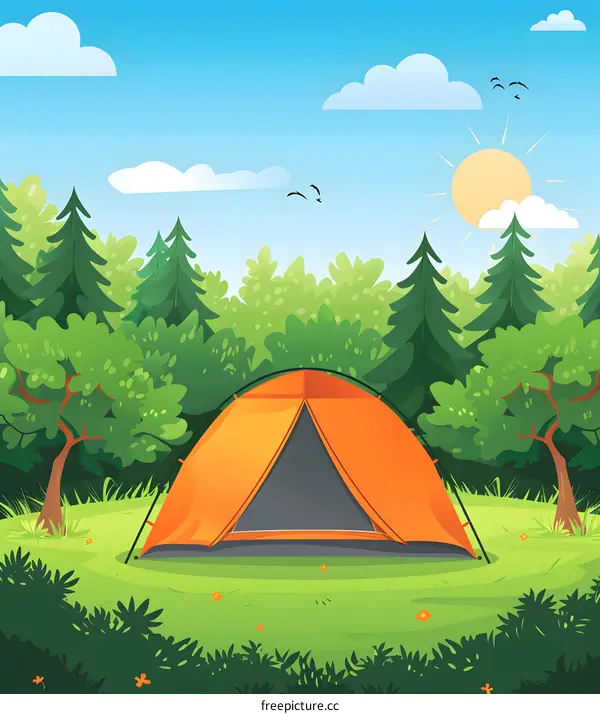 Camping Tent In The Forest With Blue Sky And Sun