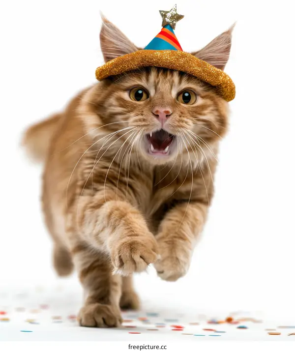 Playful Ginger Cat Wearing Party Hat
