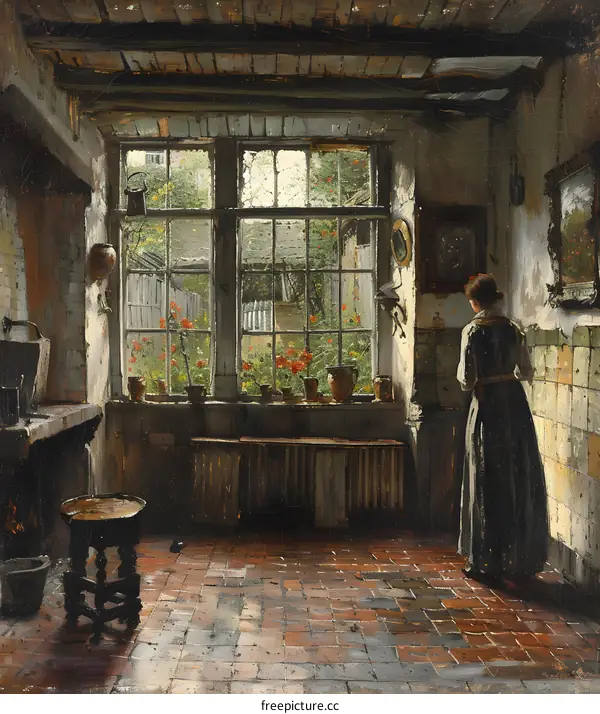 A woman standing in a kitchen looking out the window