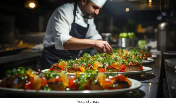 Chef carefully preparing delicious plates of food in a restaurant kitchen