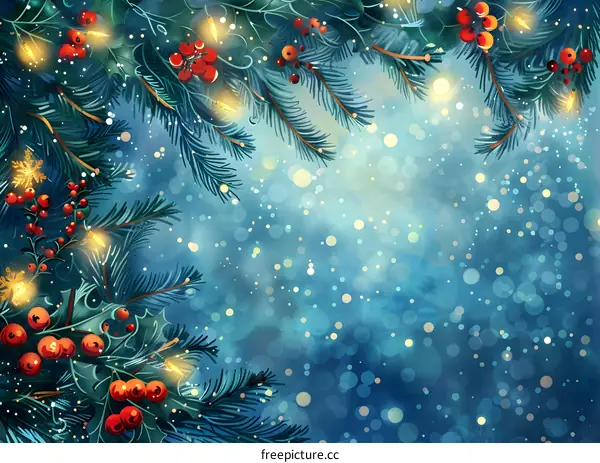 Christmas background with fir branches and red berries.