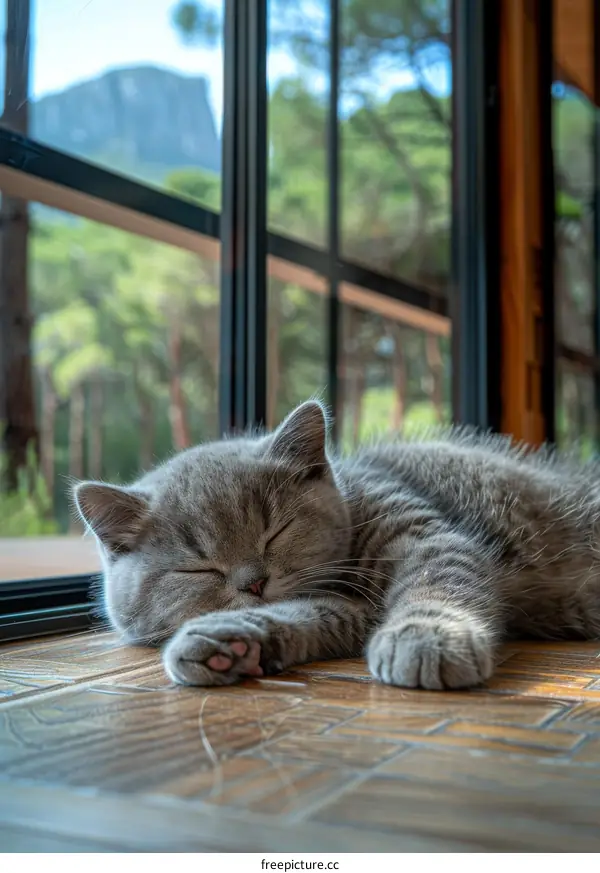 A cute gray kitten is sleeping on the floor in front of a large glass window.