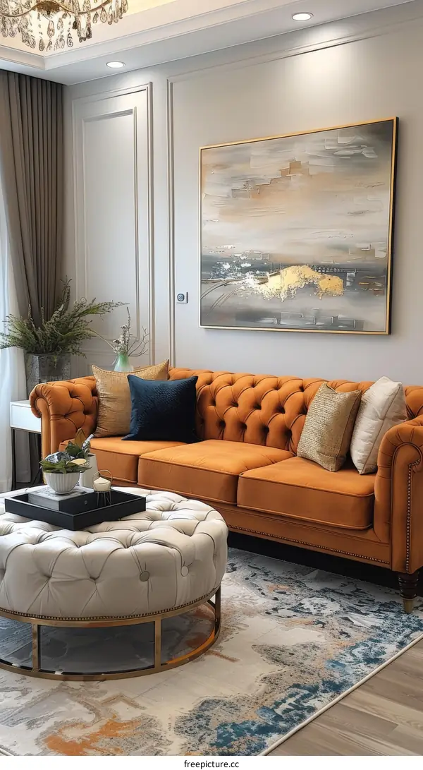 Modern Living Room with Sofa, Coffee Table, and Green Plant