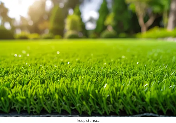 Close-up of artificial grass with a blurred background of trees and sunlight