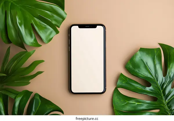 Blank Smartphone Screen with Green Leaves Mockup