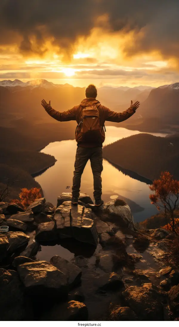 man standing on a mountaintop with his arms outstretched enjoying the sunset