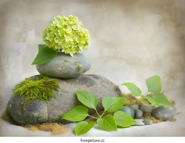 Zen Garden Stones With Green Leaves and Flowers