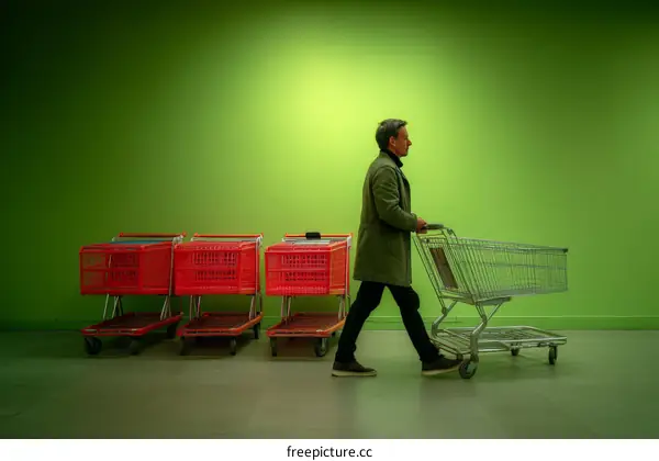 Man Pushing Shopping Cart in Green Grocery Store