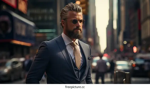 A man in a suit and sunglasses is walking down a busy street