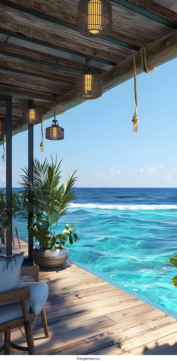 Tropical Ocean View Deck With Wooden Floor and Lanterns