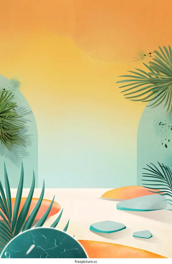 Tropical Summer Background with Palm Leaves and  Abstract Shapes
