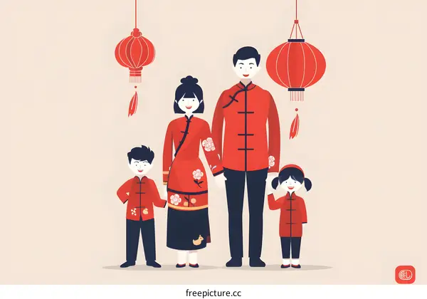 Chinese Family in Traditional Clothing for Lunar New Year Celebration