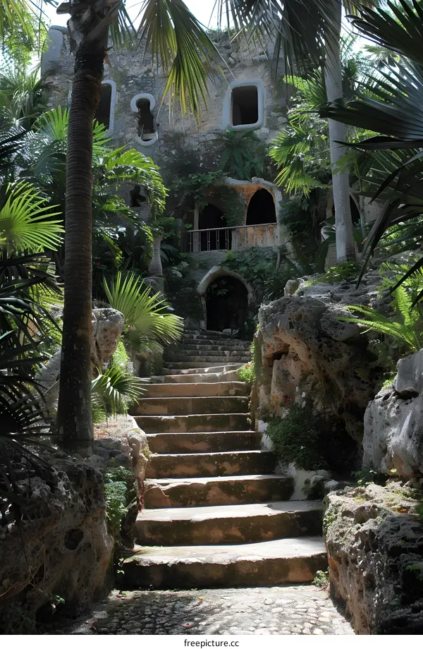 A stone staircase leads up to a building surrounded by palm trees and other tropical plants.
