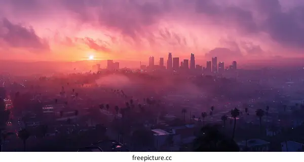 A purple sunset over a hazy cityscape