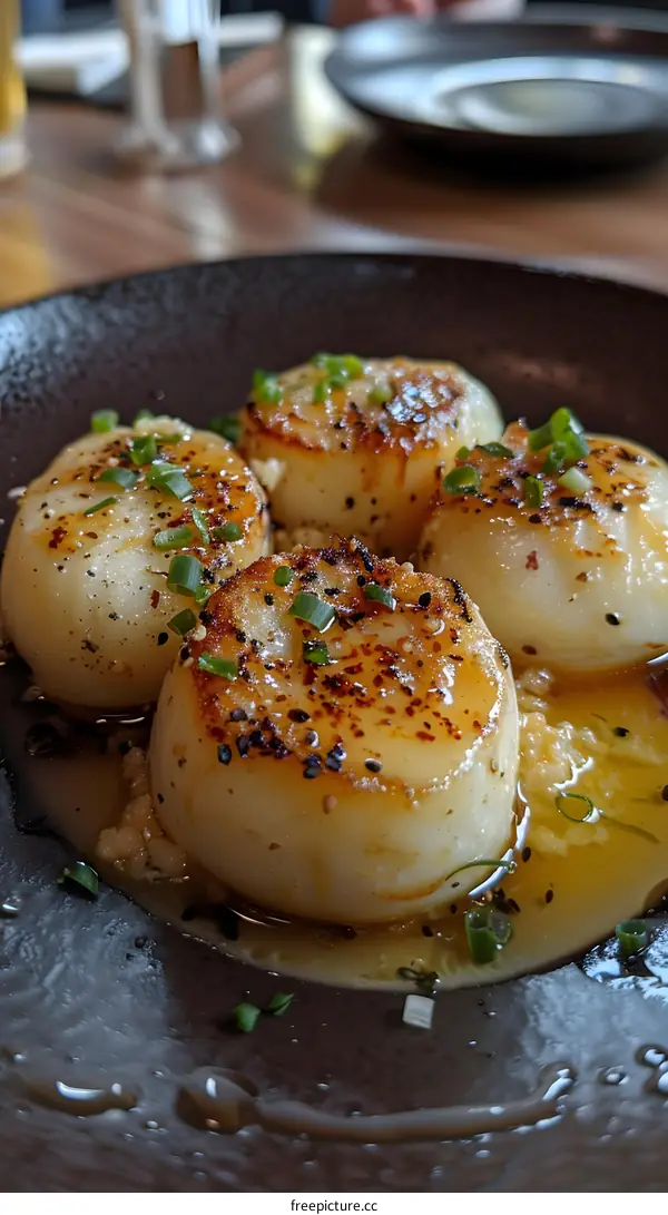 A plate of delicious-looking scallops with green onions on top