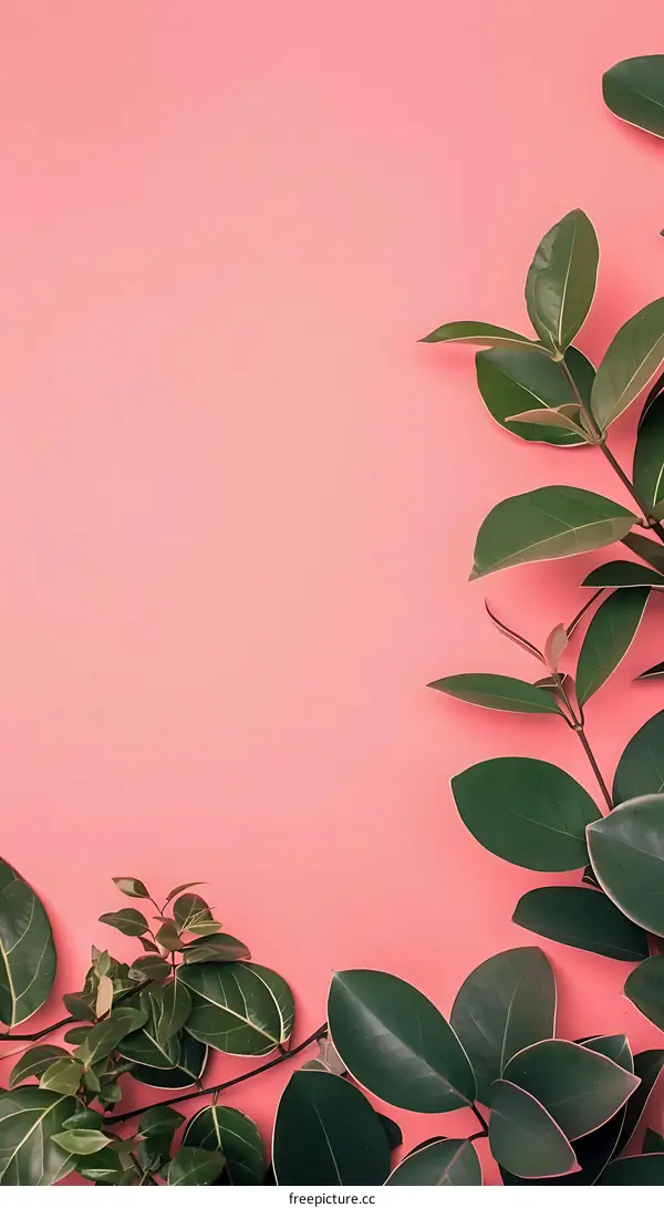Pink Background With Green Leaves