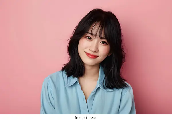 Portrait of a Smiling Asian Woman in a Blue Shirt Against a Pink Background