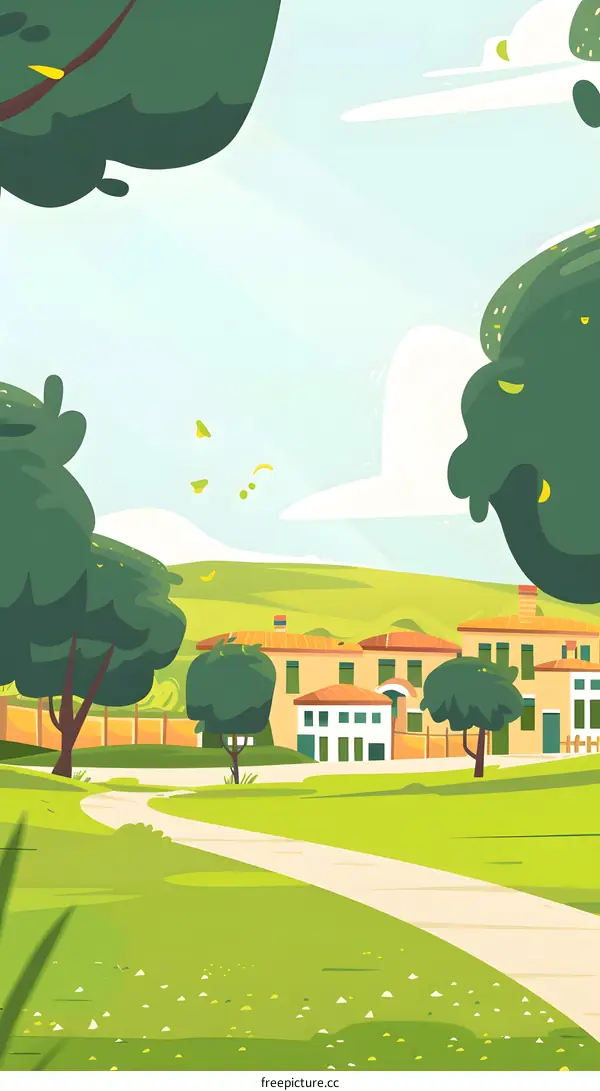 Cartoon Illustration of a Winding Path Leading to a Small Village