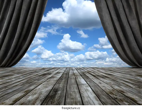 Open Curtains Reveal Beautiful Blue Sky And Clouds
