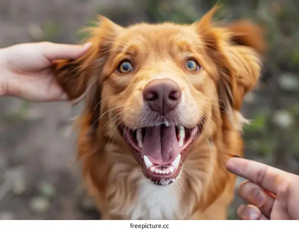 A happy dog is being petted by its owner