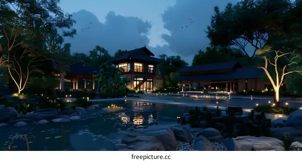 Modern Chinese Style Garden Architecture with Pond and Trees