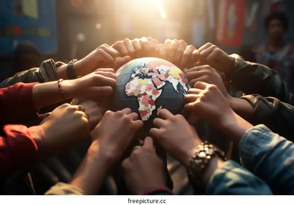 A group of diverse hands holding a globe with a colorful map of the world