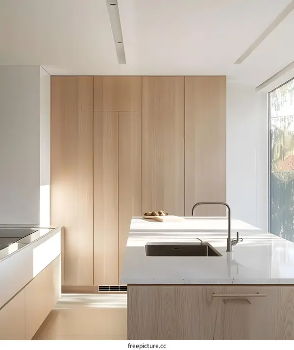 Modern Minimalist Kitchen Design With Wooden Cabinets and White Countertops