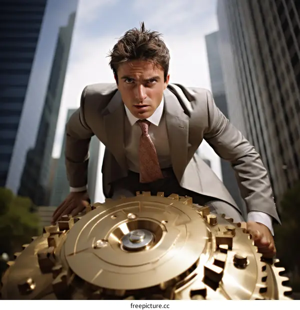 Businessman in suit standing on a golden gear