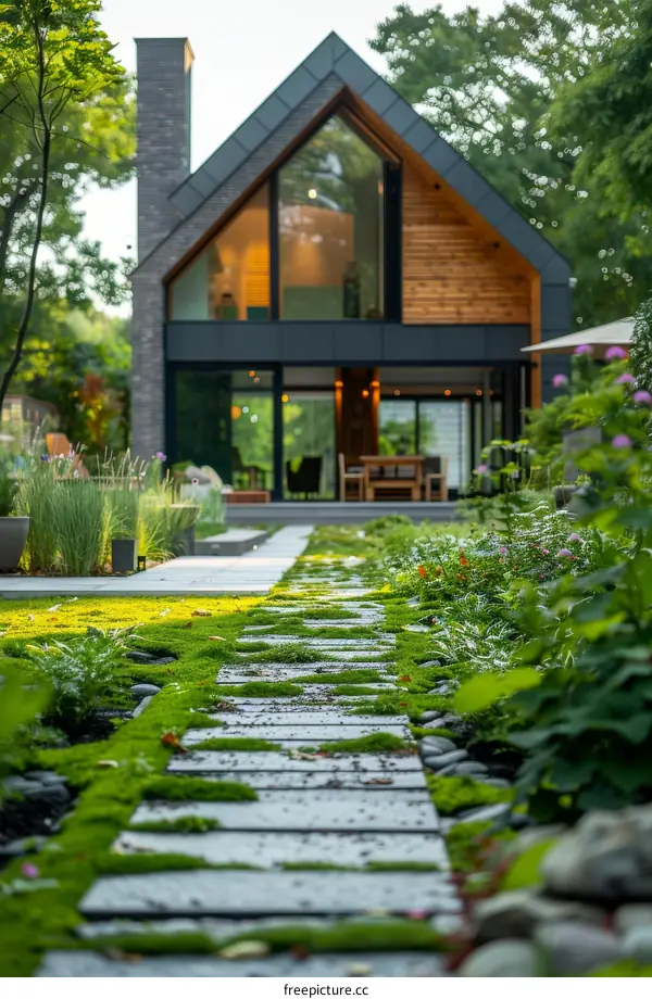 Modern House with Large Glass Windows and Green Garden
