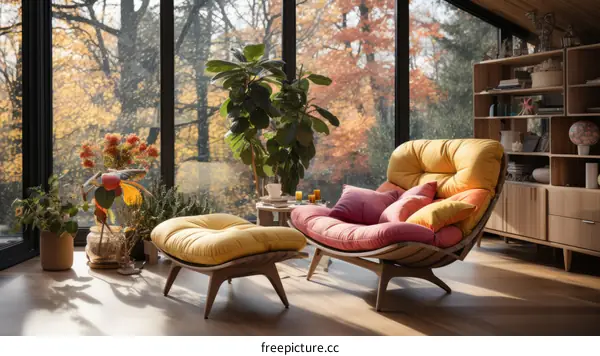 Cozy & Stylish Living Room with Fall Forest View