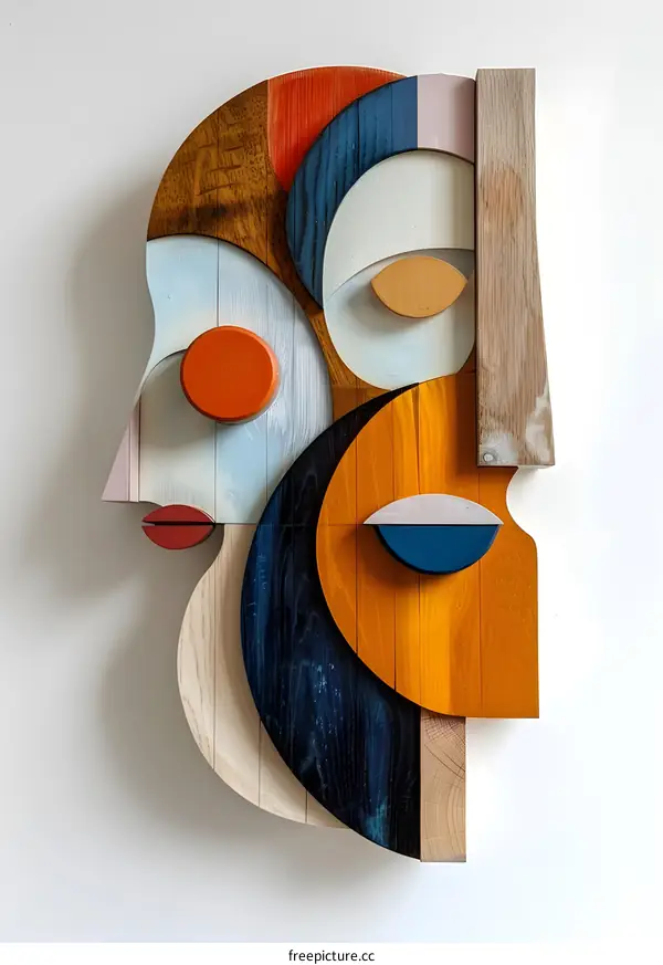 Abstract Colorful Wood Sculpture of a Face
