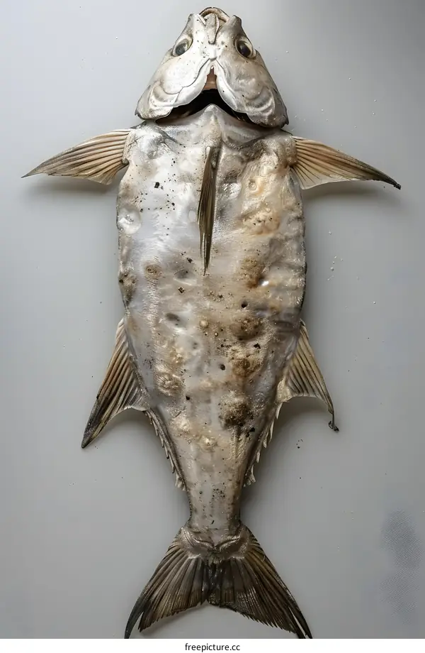 A dead fish lies on a white surface
