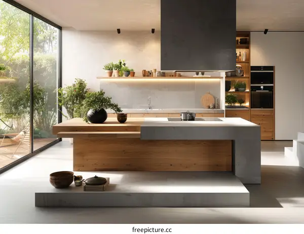 Open-Plan Kitchen with Wooden Island and Concrete Accents