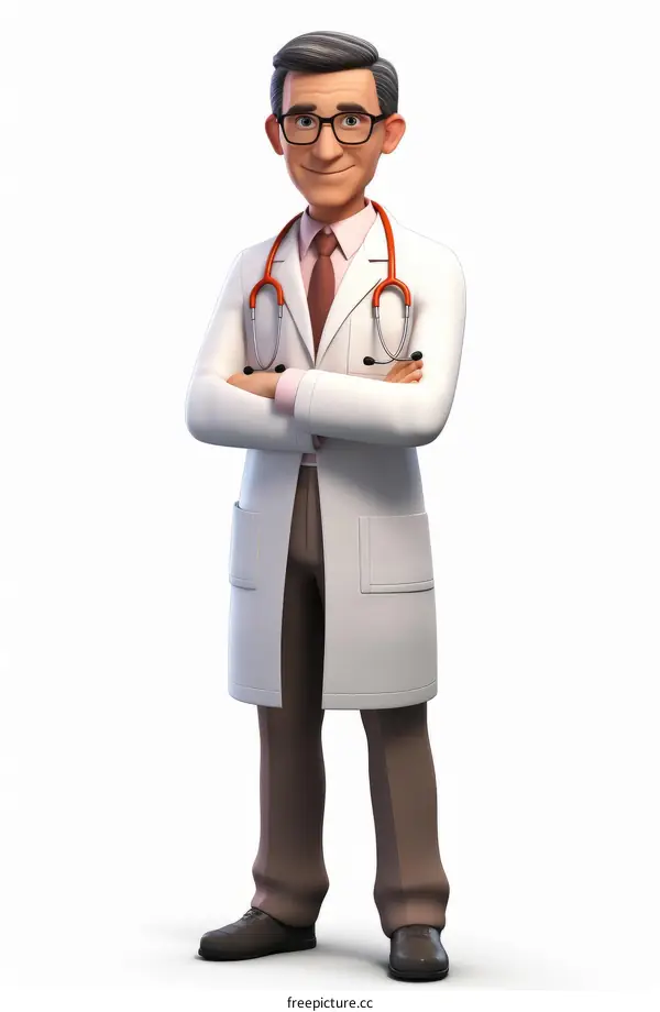 A cartoon doctor with glasses and a stethoscope around his neck