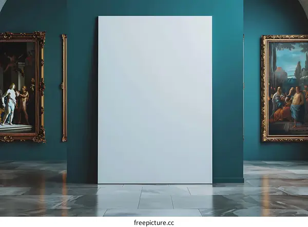 Blank Canvas In An Art Gallery With Paintings On The Walls