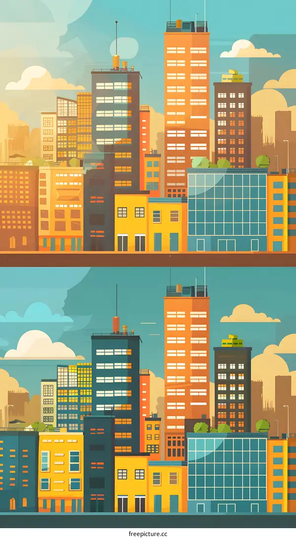 Flat Cartoon Style City Skyline Illustration