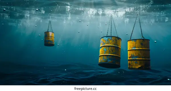 Three Rusty Oil Barrels Submerged in Deep Blue Ocean