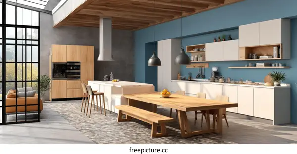 Modern Kitchen Design with Wooden Table
