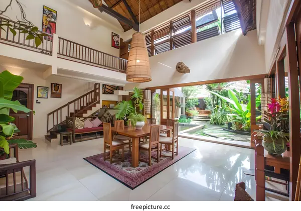 Modern Tropical Home Interior Design With Wooden Furniture And Plants