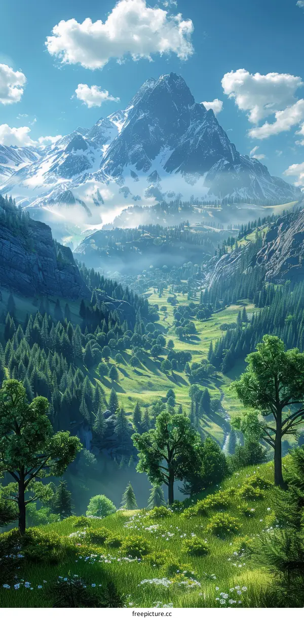 Majestic mountain range with lush green valley and trees