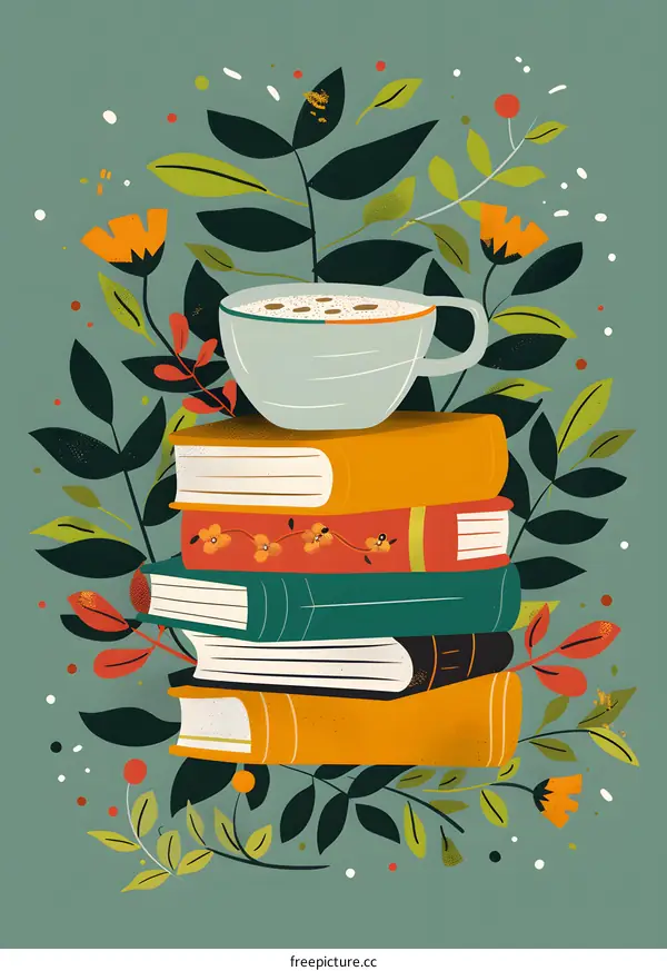 Cozy Autumn Reading Illustration With Cup of Coffee and Books