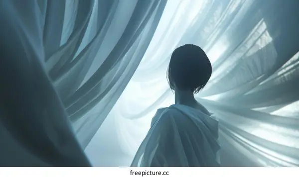 An Asian woman standing in front of a white curtain