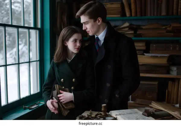 Young couple standing in a library looking at each other