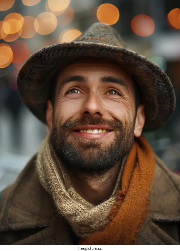 Smiling Man in Winter Outfit with Bokeh Background