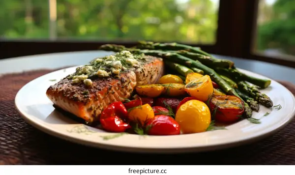 A delicious and healthy meal of grilled salmon, roasted vegetables, and asparagus