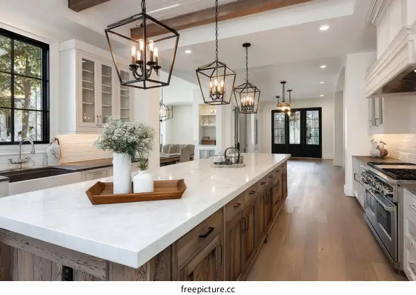 Modern Farmhouse Kitchen Interior Design with Large Island