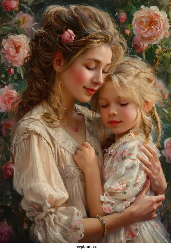 Mother and Daughter Embracing Amidst Roses