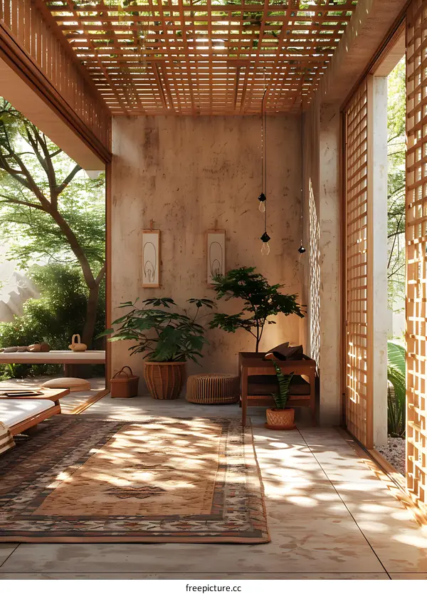 The sun shines through the window into the room